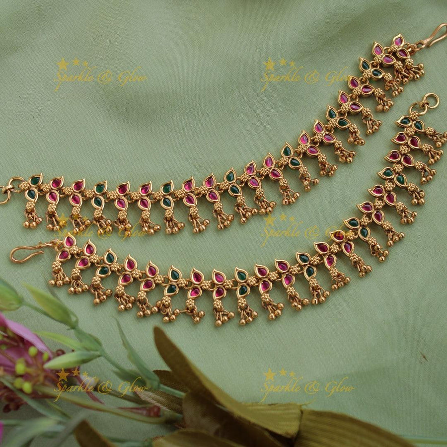 Elegant Gold alike leaf design with Green and Red Stones Earchain-Gold Beads - Sparkle and Glow
