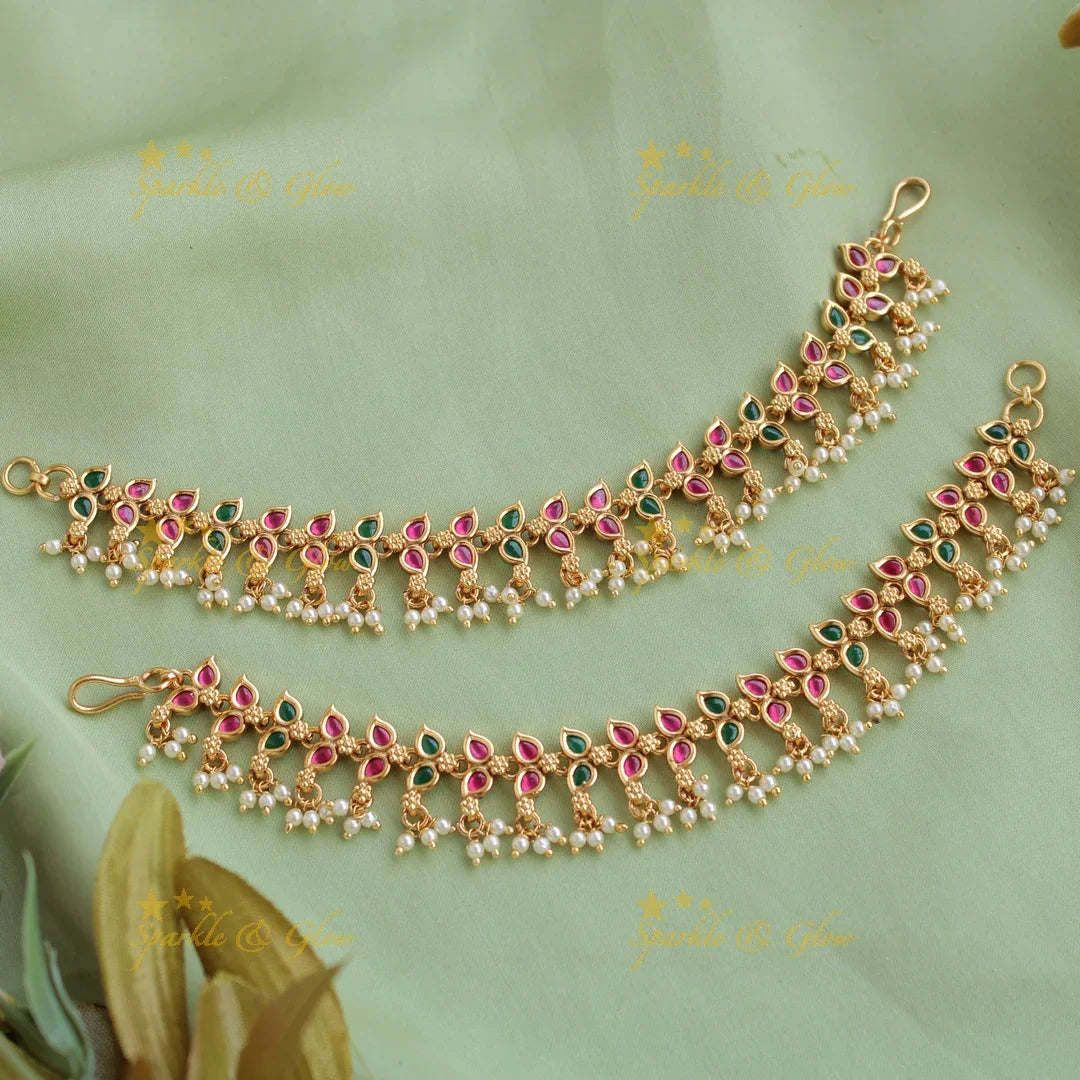 Elegant Gold alike leaf design with Green and Red Stones Earchain-Gold Beads - Sparkle and Glow