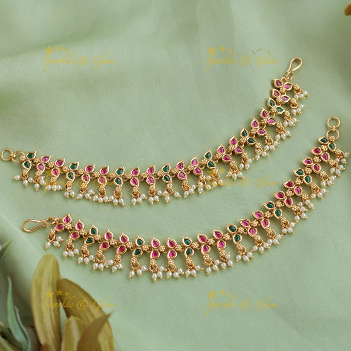 Elegant Gold alike leaf design with Green and Red Stones Earchain-Gold Beads - Sparkle and Glow
