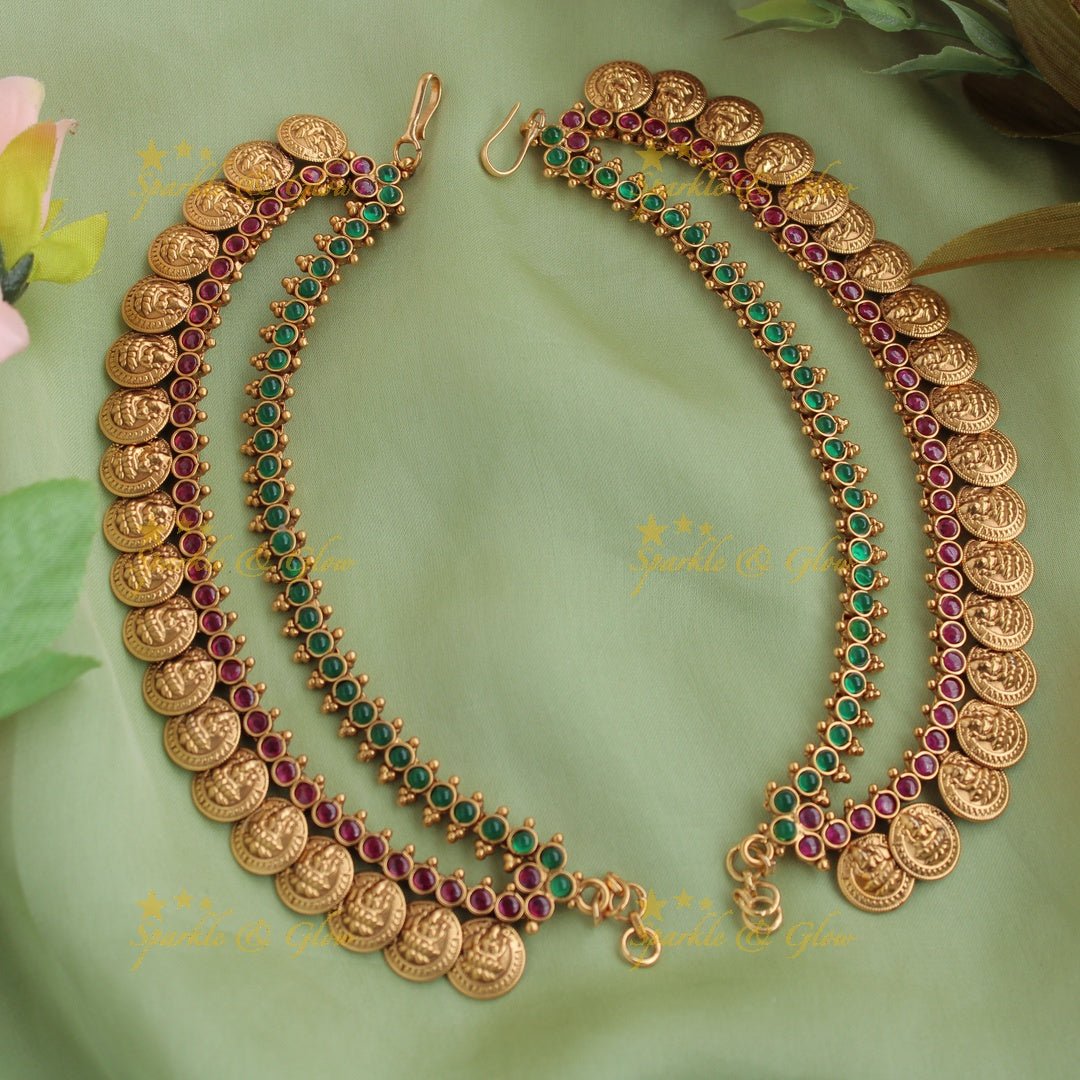 Beautiful Gold alike Green and Red stones with Lakshmi Coin Earchain - Sparkle and Glow -