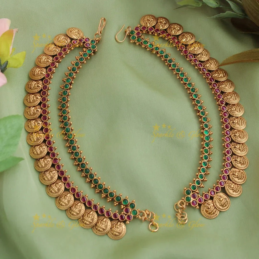 Beautiful Gold alike Green and Red stones with Lakshmi Coin Earchain - Sparkle and Glow