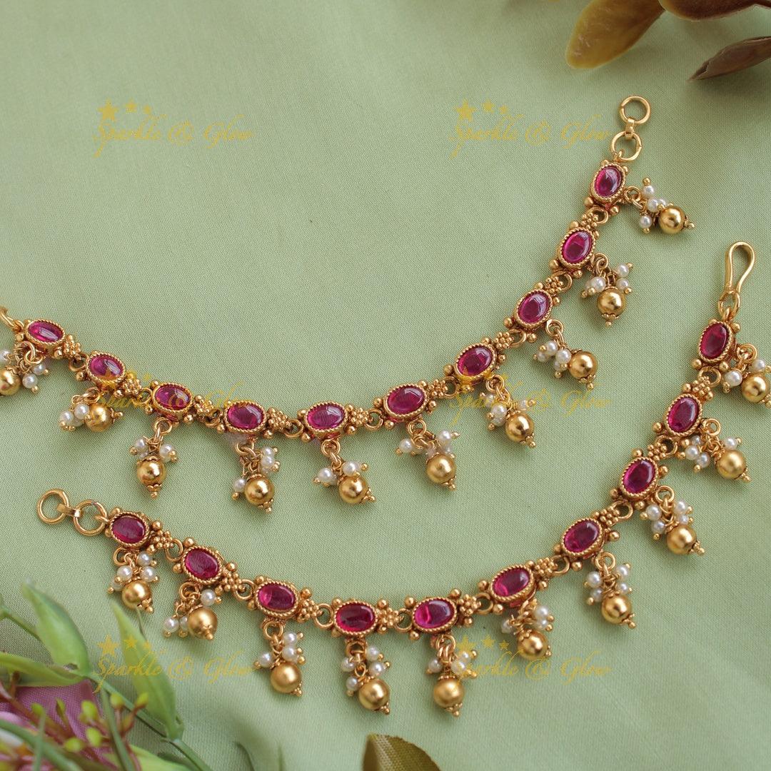 Premium Gold alike Red Kemp Stones Earchain with Gold and Pearl Beads - Sparkle and Glow