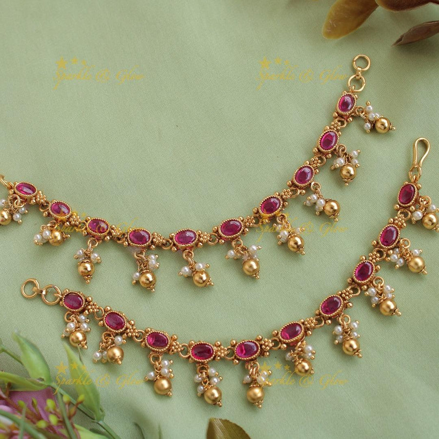 Premium Gold alike Red Kemp Stones Earchain with Gold and Pearl Beads - Sparkle and Glow