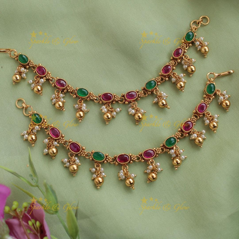 Premium Gold alike Red Kemp Stones Earchain with Gold and Pearl Beads - Sparkle and Glow
