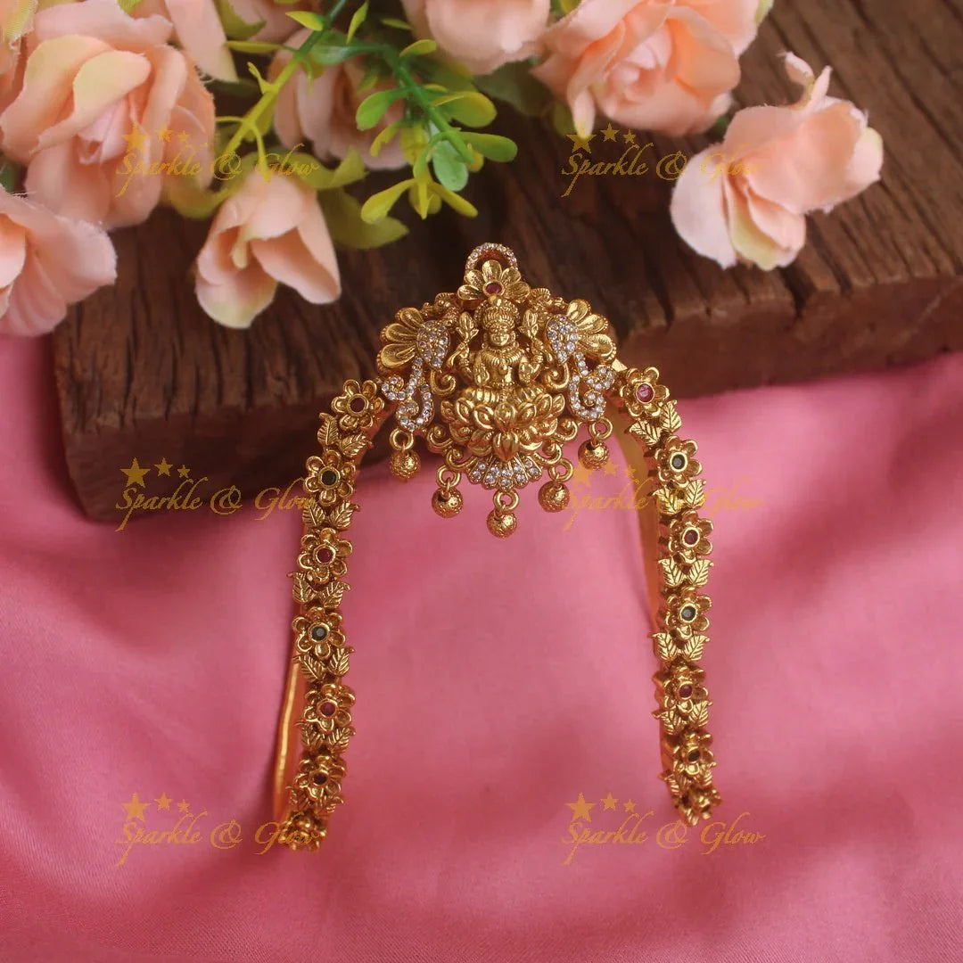 Grand intricate Gold alike lakshmi floral design carved U shapped vanki with multi colour stones,Single pc - Sparkle and Glow