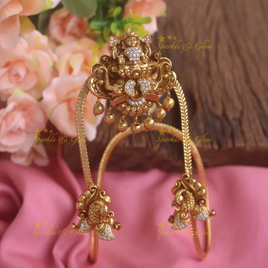 Gorgeous Gold alike lakshmi Peacock and Elephant carved U shapped vanki with multi colourstones and glod beads,Single pc - Sparkle and Glow