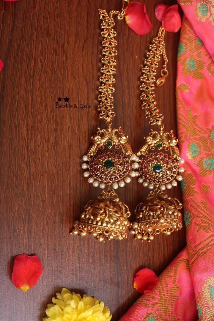 Kemp stones peacock intricate jhumukas with earchain - Sparkle and Glow