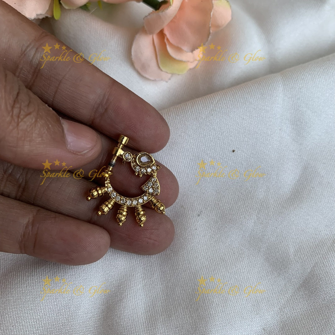 Gold peacock AD Screw type nosepin with gold beads