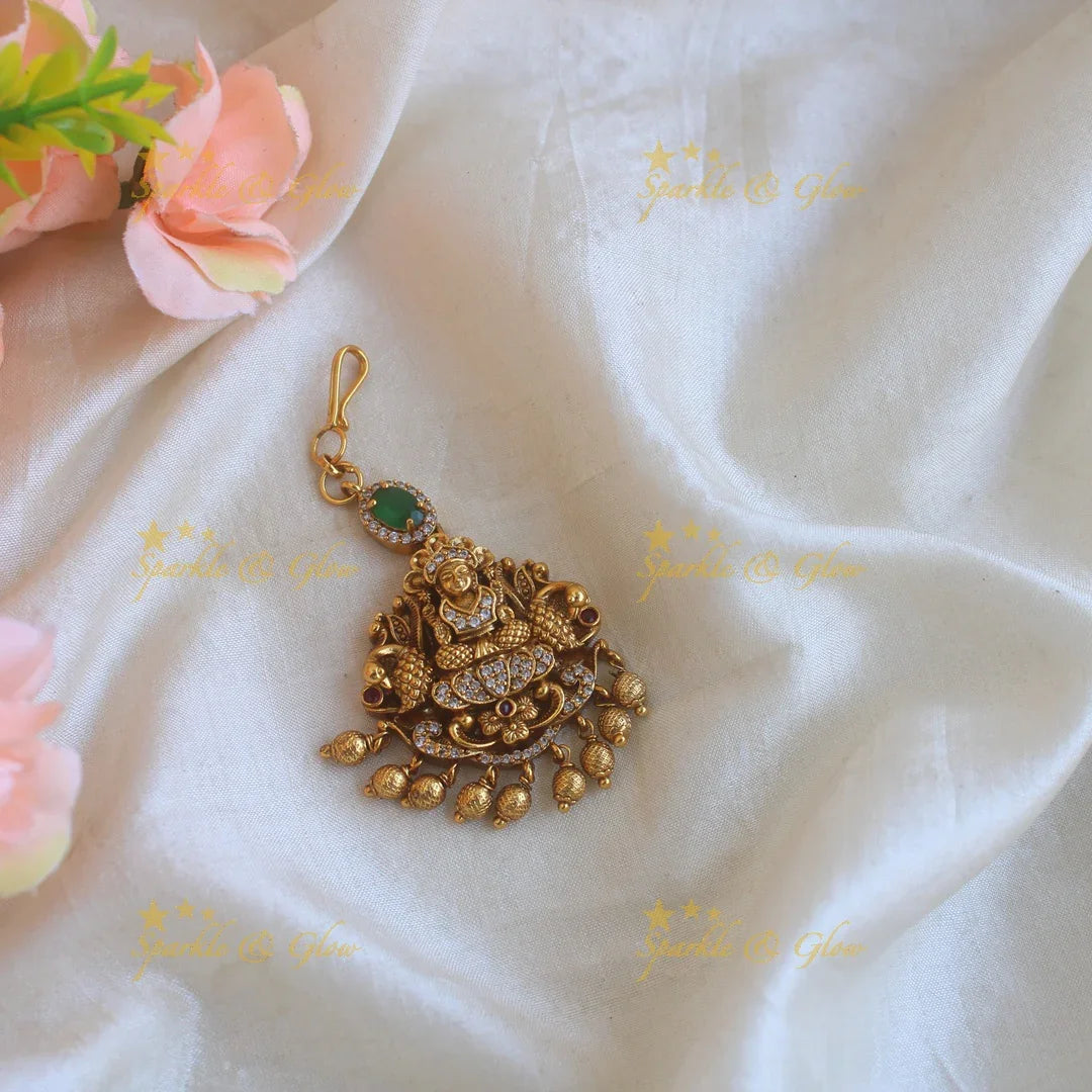 Lakshmi Peacock Carved Maang Tikka in Gold-Like Finish
