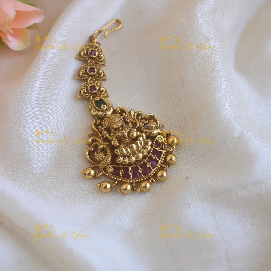 Gold alike Lakshmi peacock floral design maang tikka with ruby emerald and gold beads - Sparkle and Glow