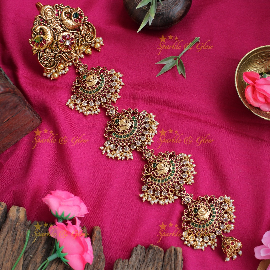 Beautiful Gold Alike Peacock and Floral Design Medium Bridal Jada billa with Pearl beads