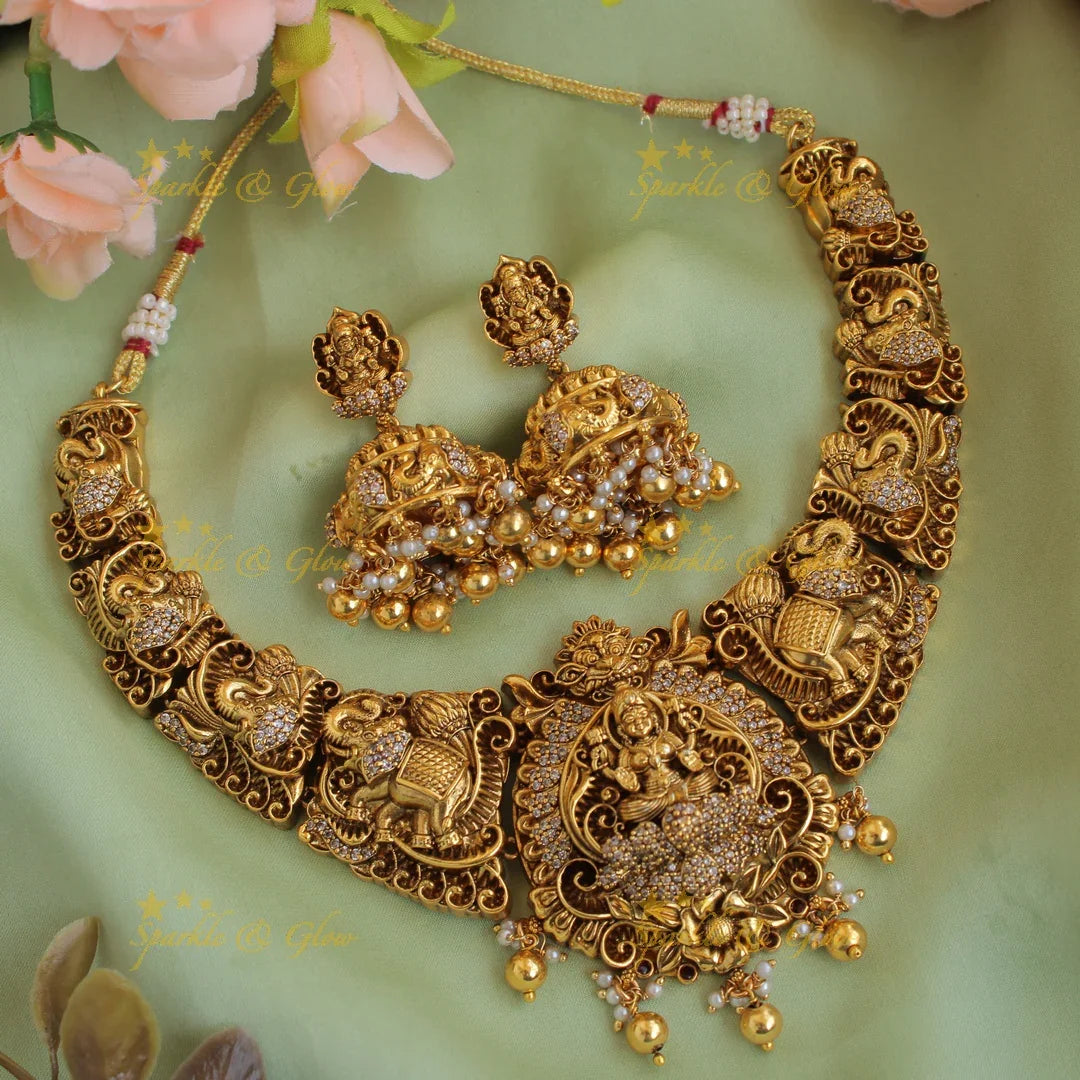 Grand Lakshmi elephant carved short necklace with CZ stones and gold beads - Sparkle and Glow