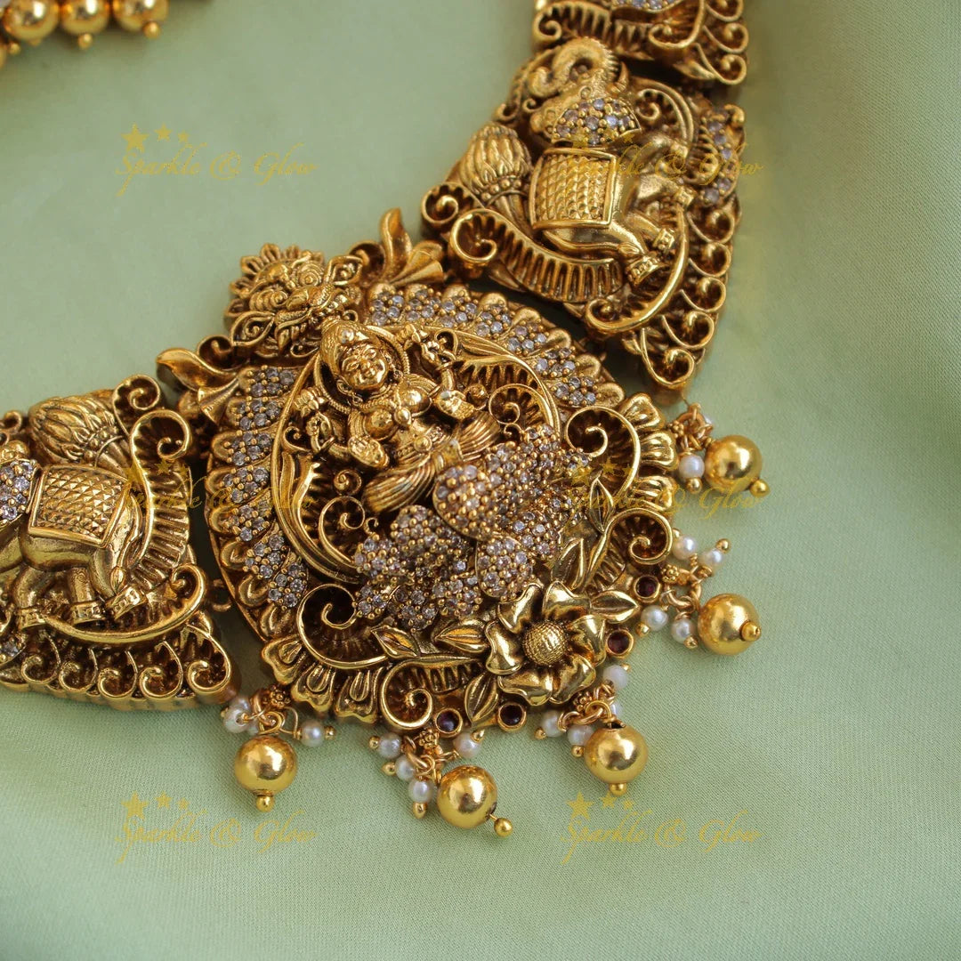 Grand Lakshmi elephant carved short necklace with CZ stones and gold beads - Sparkle and Glow