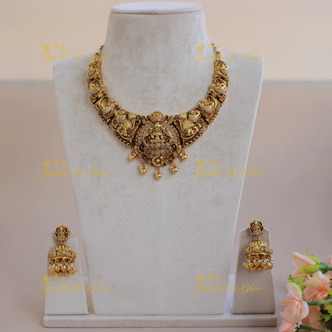 Grand Lakshmi elephant carved short necklace with CZ stones and gold beads - Sparkle and Glow