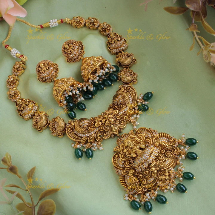 Beautiful Lakshmi peacock flower carved short necklace with CZ stones pearls and green beads - Sparkle and Glow