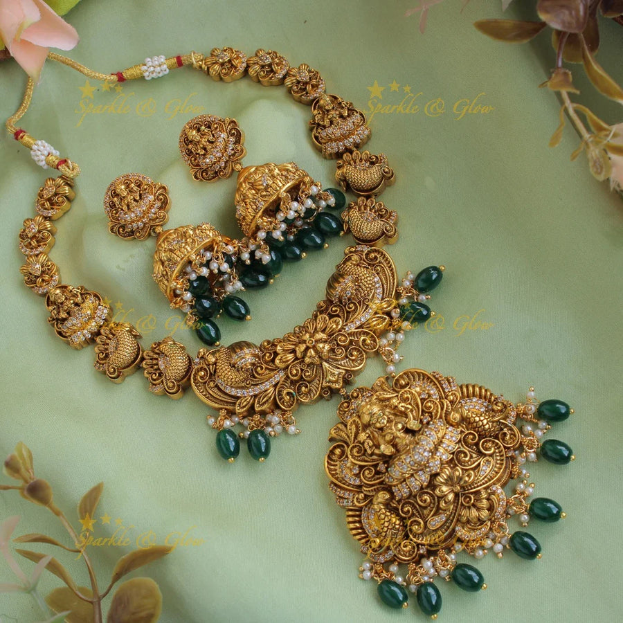Beautiful Lakshmi peacock flower carved short necklace with CZ stones pearls and green beads - Sparkle and Glow
