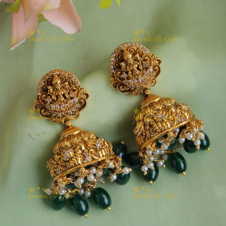 Beautiful Lakshmi peacock flower carved short necklace with CZ stones pearls and green beads - Sparkle and Glow