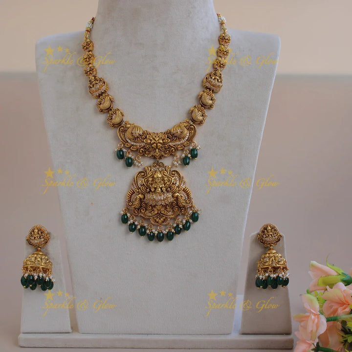 Beautiful Lakshmi peacock flower carved short necklace with CZ stones pearls and green beads - Sparkle and Glow