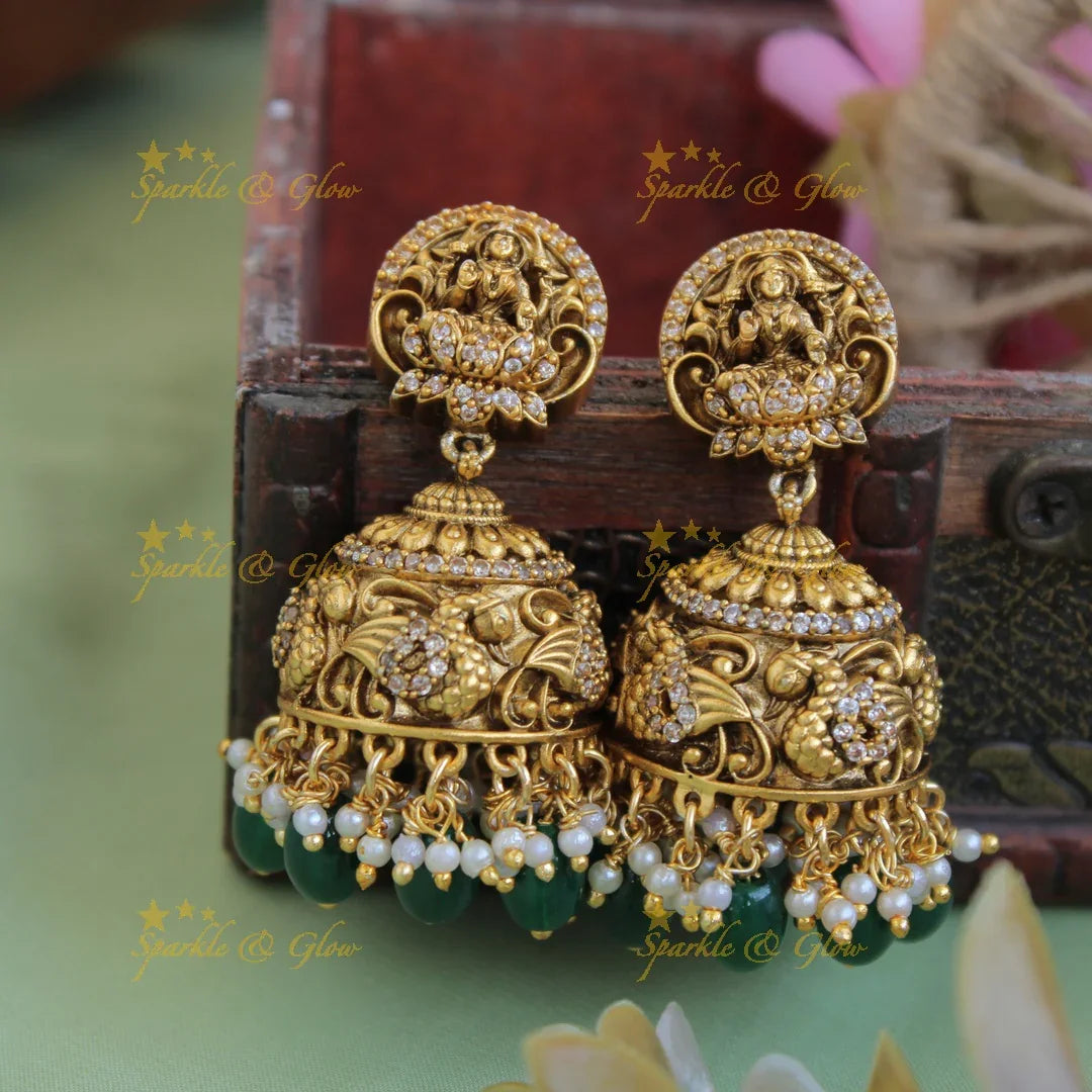 Grand intricate Lakshmi Peacock carved long necklace with CZ stones and green beads - Sparkle and Glow