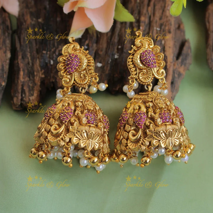 Elegant Lakshmi peacock carved short necklace with ruby emerald pearls and gold beads - Sparkle and Glow