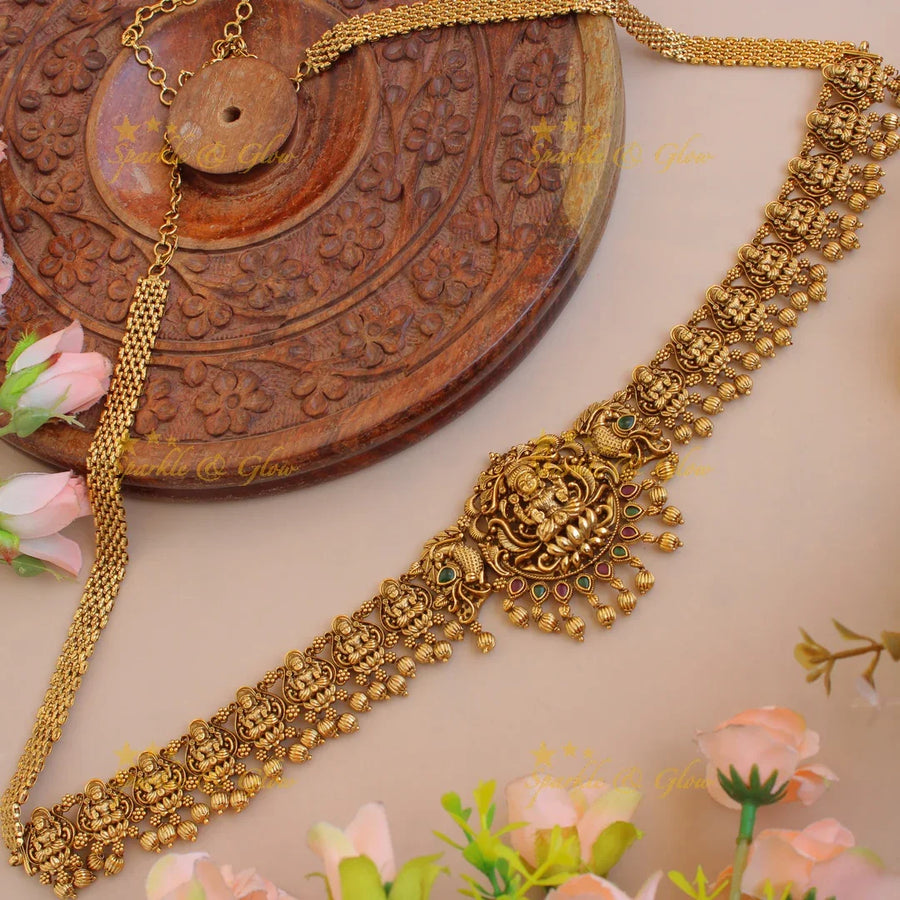 Elegant Lakshmi peacock hipchain with ruby emerald and gold beads - Sparkle and Glow
