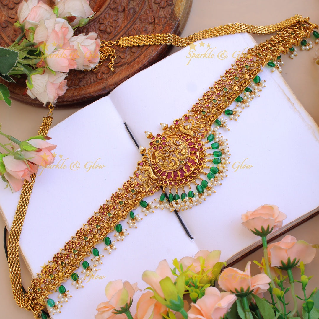Premium matt Peacock floral design hipchain with ruby emerald pearl and green beads