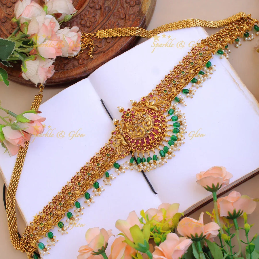 Premium matt Peacock floral design hipchain with ruby emerald pearl and green beads - Sparkle and Glow