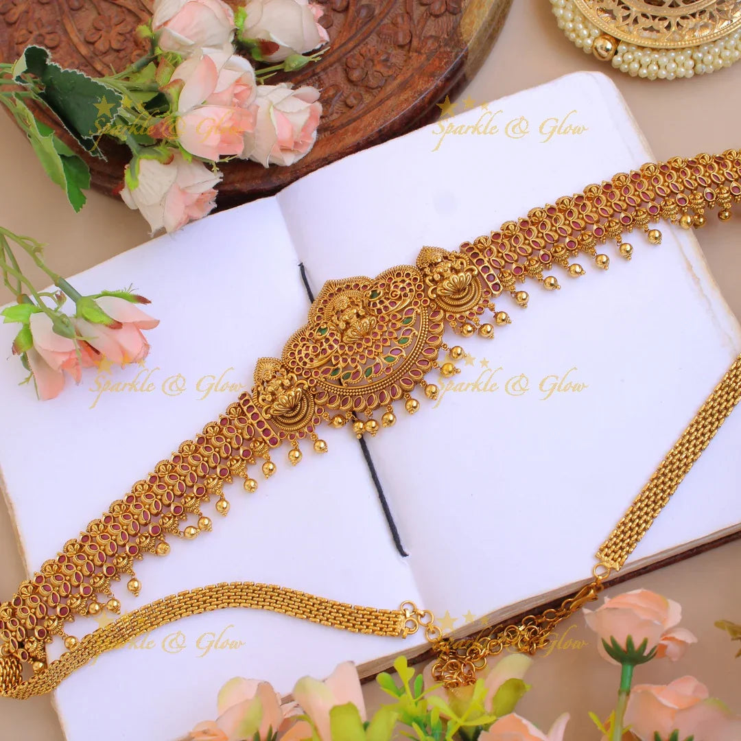 Premium matt Lakshmi peacock leaflet design hipchain with ruby and gold beads - Sparkle and Glow