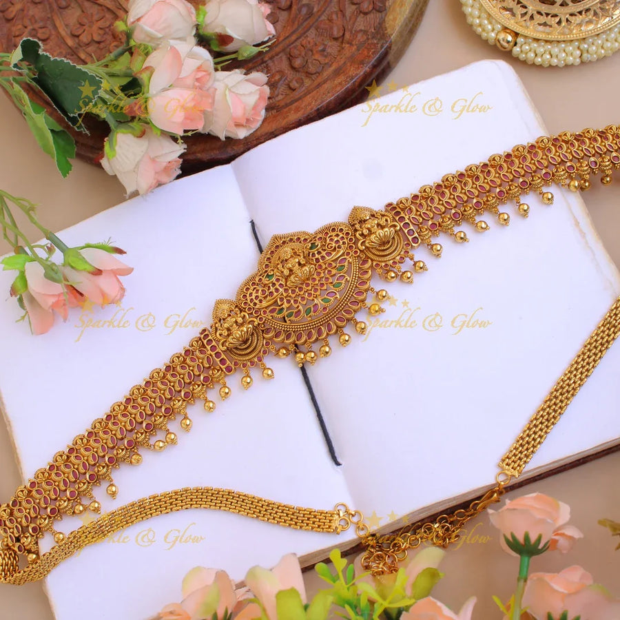 Premium matt Lakshmi peacock leaflet design hipchain with ruby and gold beads - Sparkle and Glow