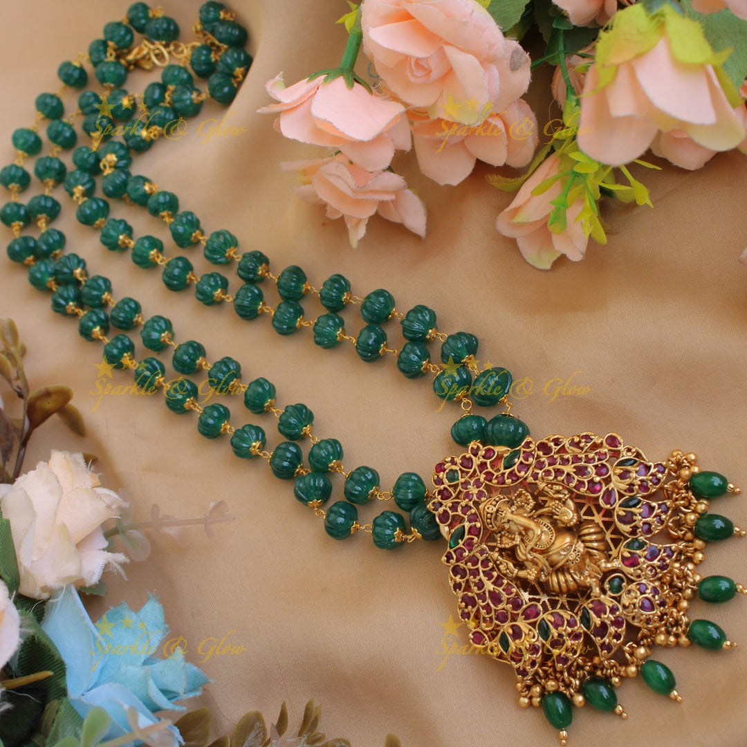 Gorgeous Ganesha carved kemp stone pendent with two layer green beads chain