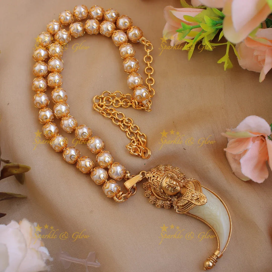 Beautiful Lakshmi carved single Puliguru pendent with pearl chain - Sparkle and Glow
