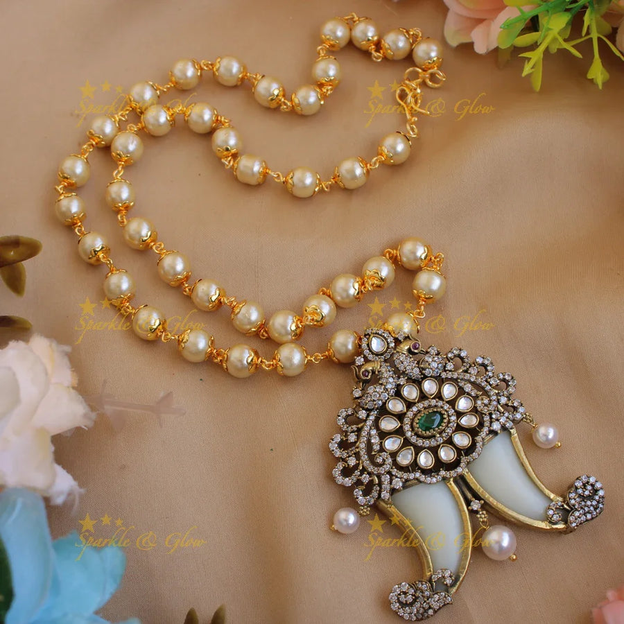 Elegant Peacock Victorian double Puliguru pendent with pearl chain - Sparkle and Glow