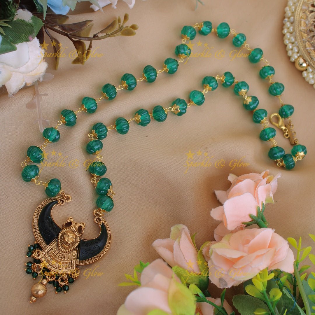 Exclusive Lion face carved double Puliguru pendent with green beads chain - Sparkle and Glow - Back Thread -