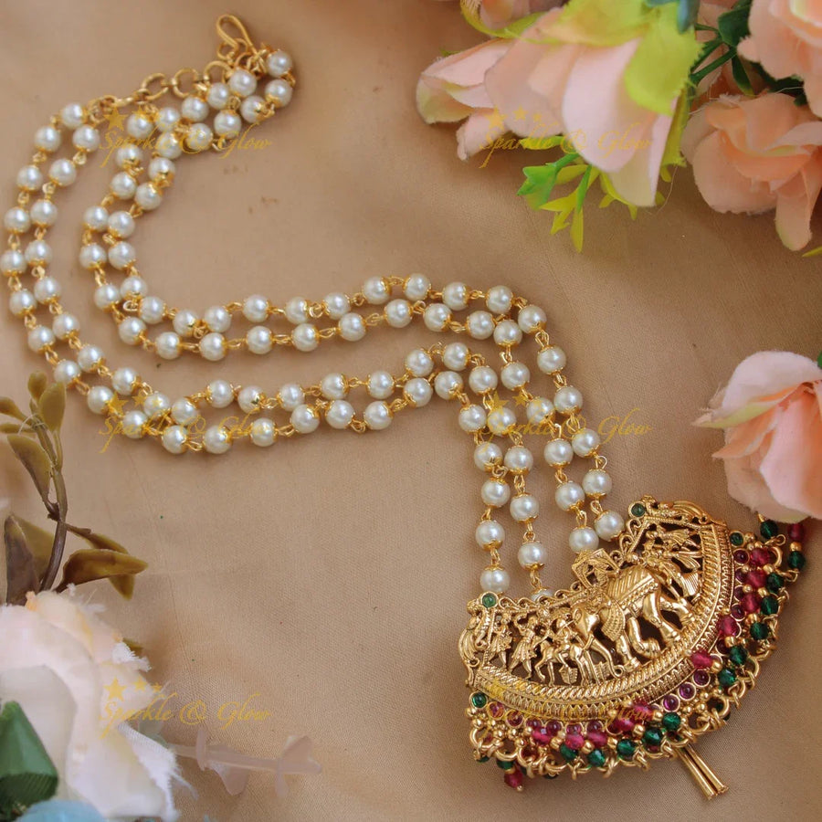 Grand Elephant procession pendent with red and green beads with two layer pearl chain - Sparkle and Glow
