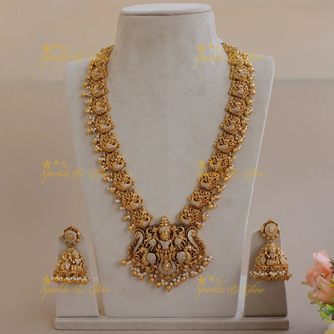 Stunning Lakshmi dancing peacock carved long necklace with CZ stones pearls and gold beads - Sparkle and Glow