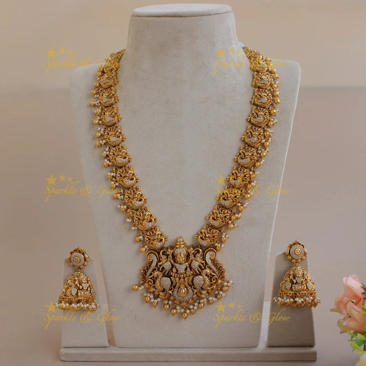 Stunning Lakshmi dancing peacock carved long necklace with CZ stones pearls and gold beads - Sparkle and Glow