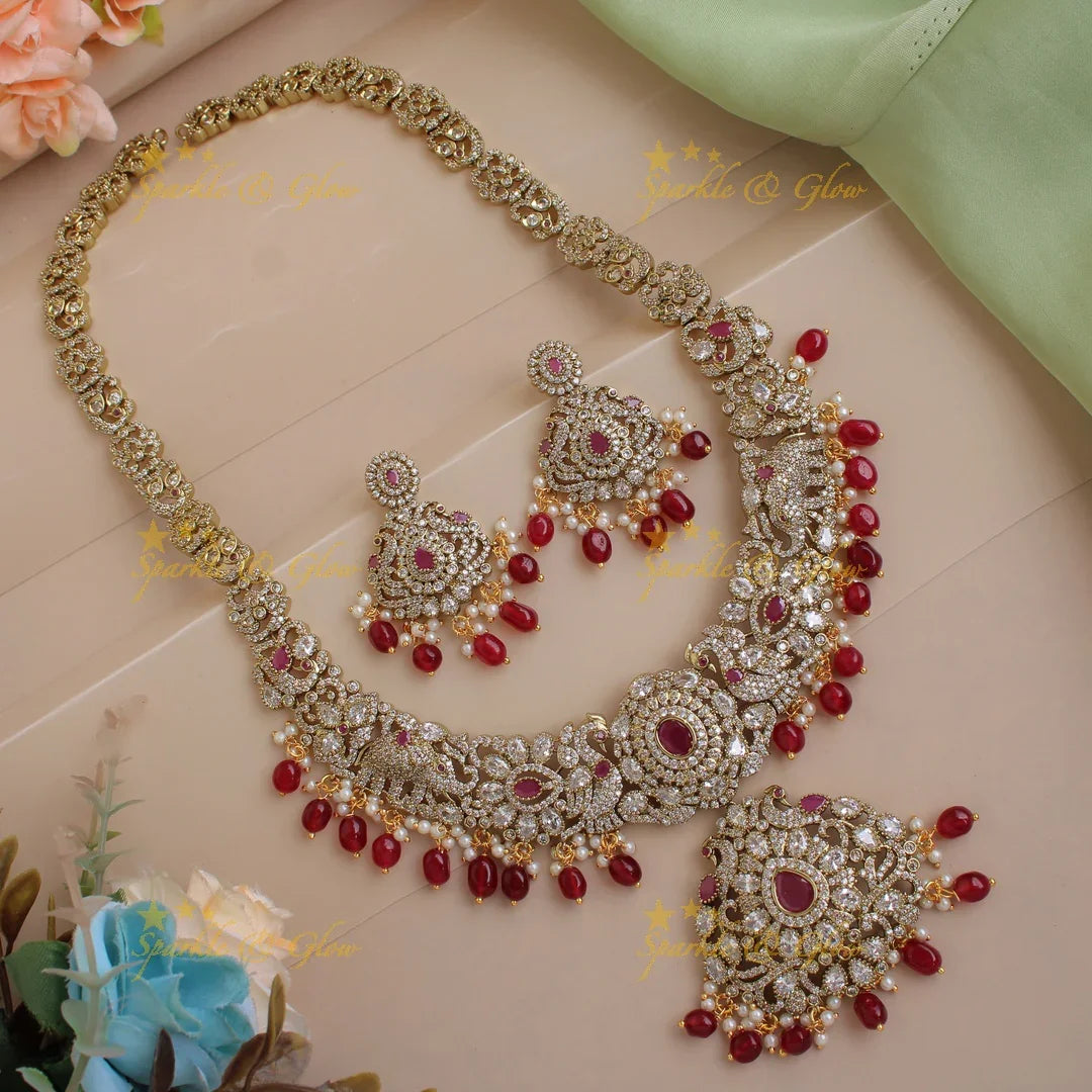 Grand intricate Floral Peacock Elephant design Victorian AD long necklace with ruby pearls and red beads - Sparkle and Glow