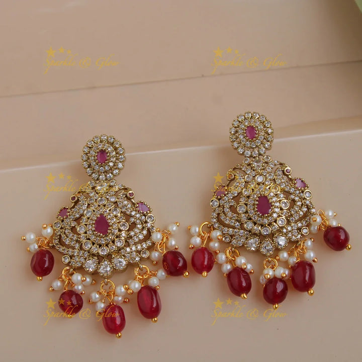 Grand intricate Floral Peacock Elephant design Victorian AD long necklace with ruby pearls and red beads - Sparkle and Glow