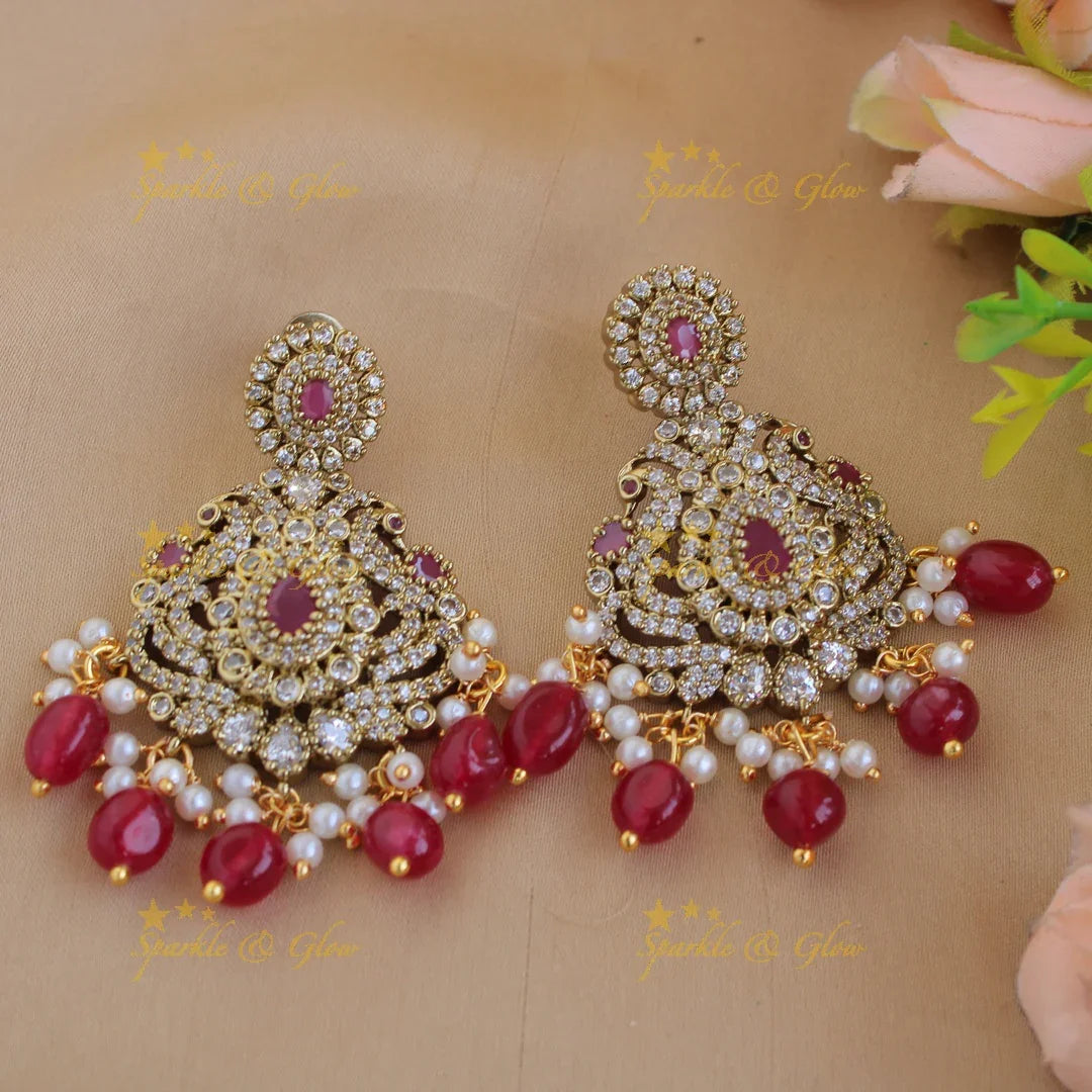 Beautiful Floral Peacock Elephant design Victorian AD short necklace with ruby pearls and red beads - Sparkle and Glow