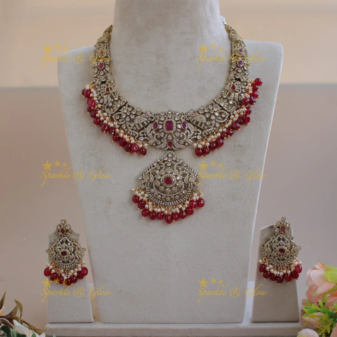 Grand Peacock Elephant floral design Victorian AD short necklace with ruby pearls and red beads - Sparkle and Glow