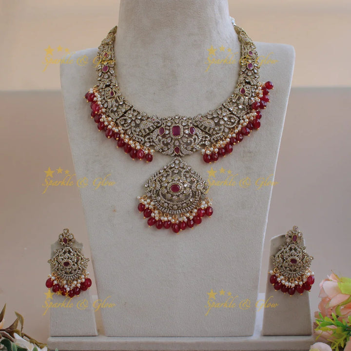 Grand Peacock Elephant floral design Victorian AD short necklace with ruby pearls and red beads - Sparkle and Glow