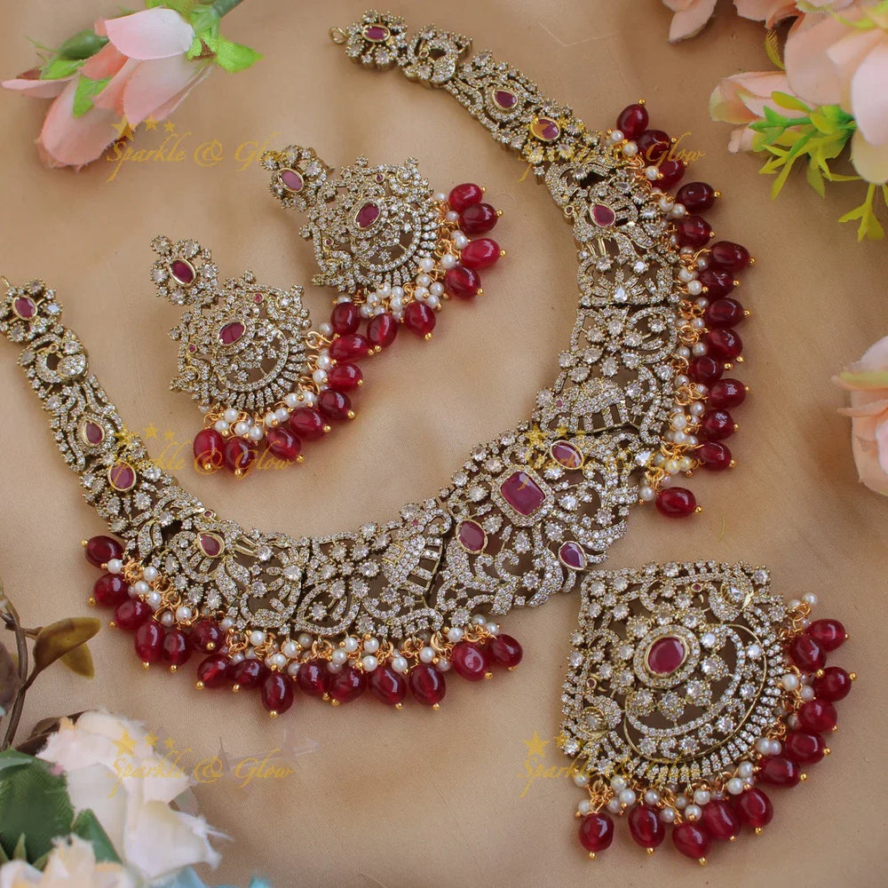 Grand Peacock Elephant floral design Victorian AD short necklace with ruby pearls and red beads - Sparkle and Glow