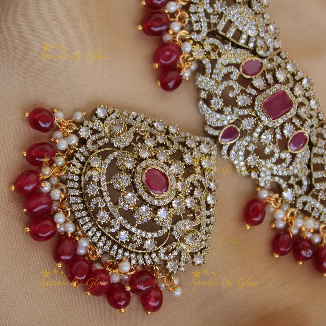 Grand Peacock Elephant floral design Victorian AD short necklace with ruby pearls and red beads - Sparkle and Glow
