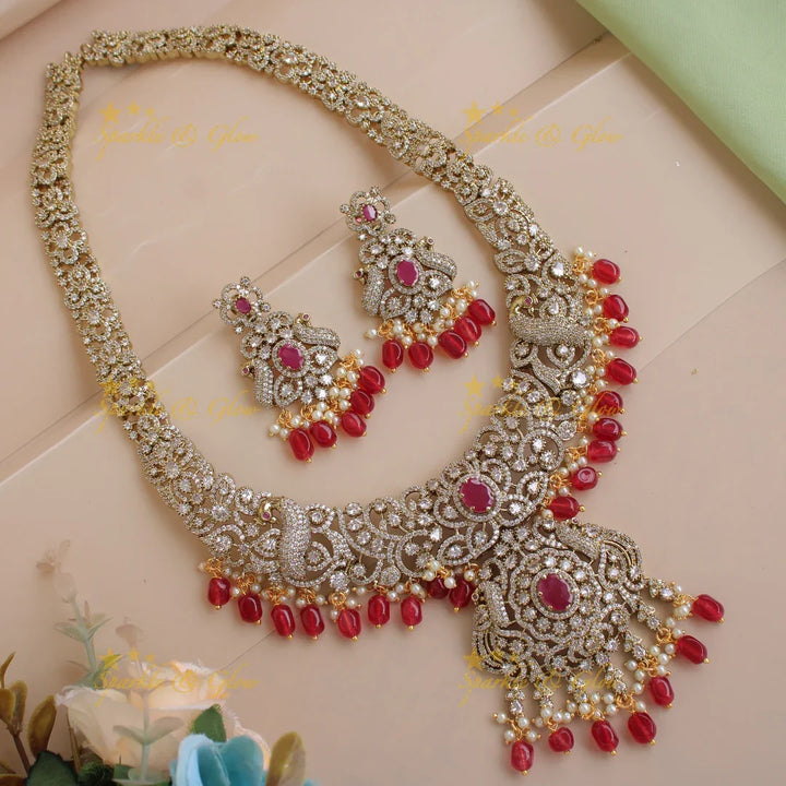 Gorgeous Floral Peacock design Victorian AD long necklace with ruby pearls and red beads - Sparkle and Glow