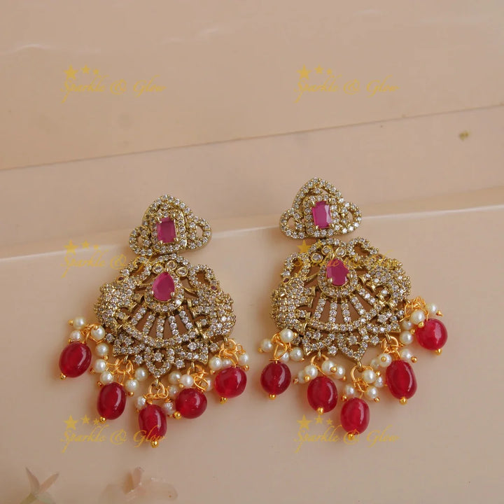 Exclusive grand Floral Elephant Peacock design Victorian AD long necklace with ruby pearls and red beads - Sparkle and Glow