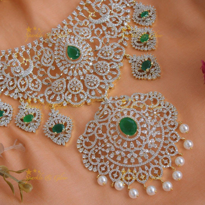 Peacock Diamond Necklace with Ruby & Pink Floral Drops