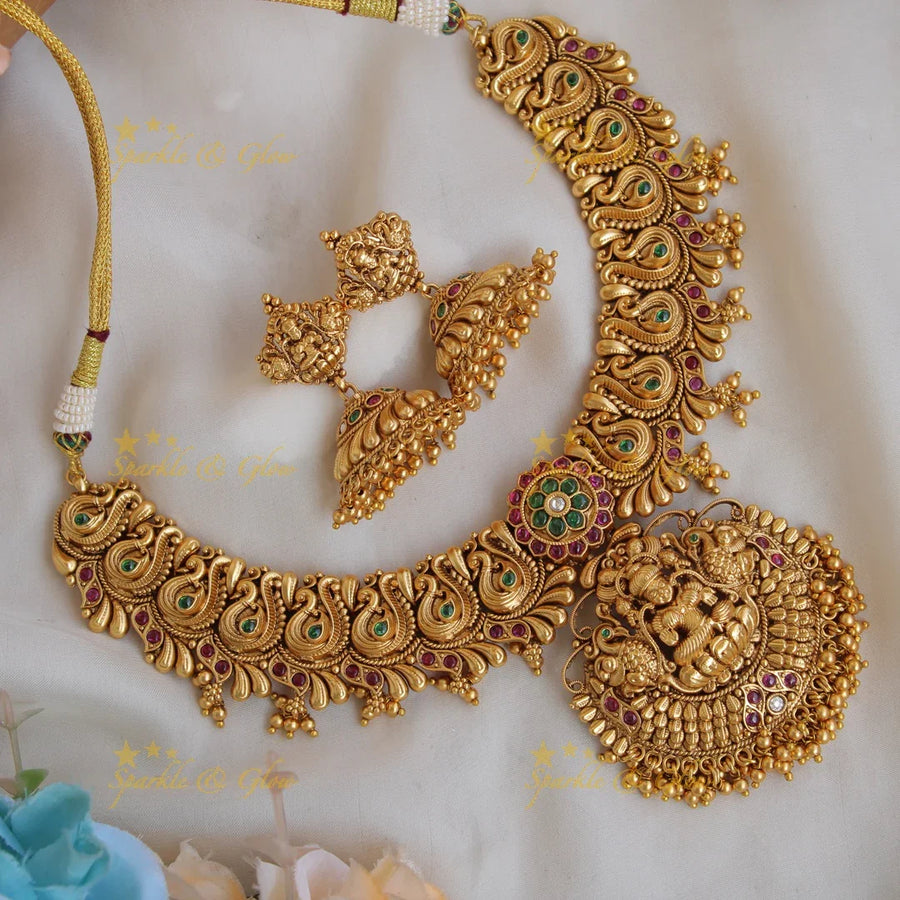 Exquisite Premium matt Lakshmi peacock carved short necklace with ruby emerald and gold beads - Sparkle and Glow