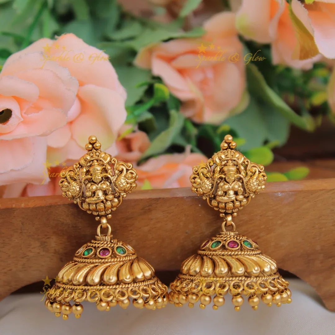 Exquisite Premium matt Lakshmi peacock carved short necklace with ruby emerald and gold beads - Sparkle and Glow