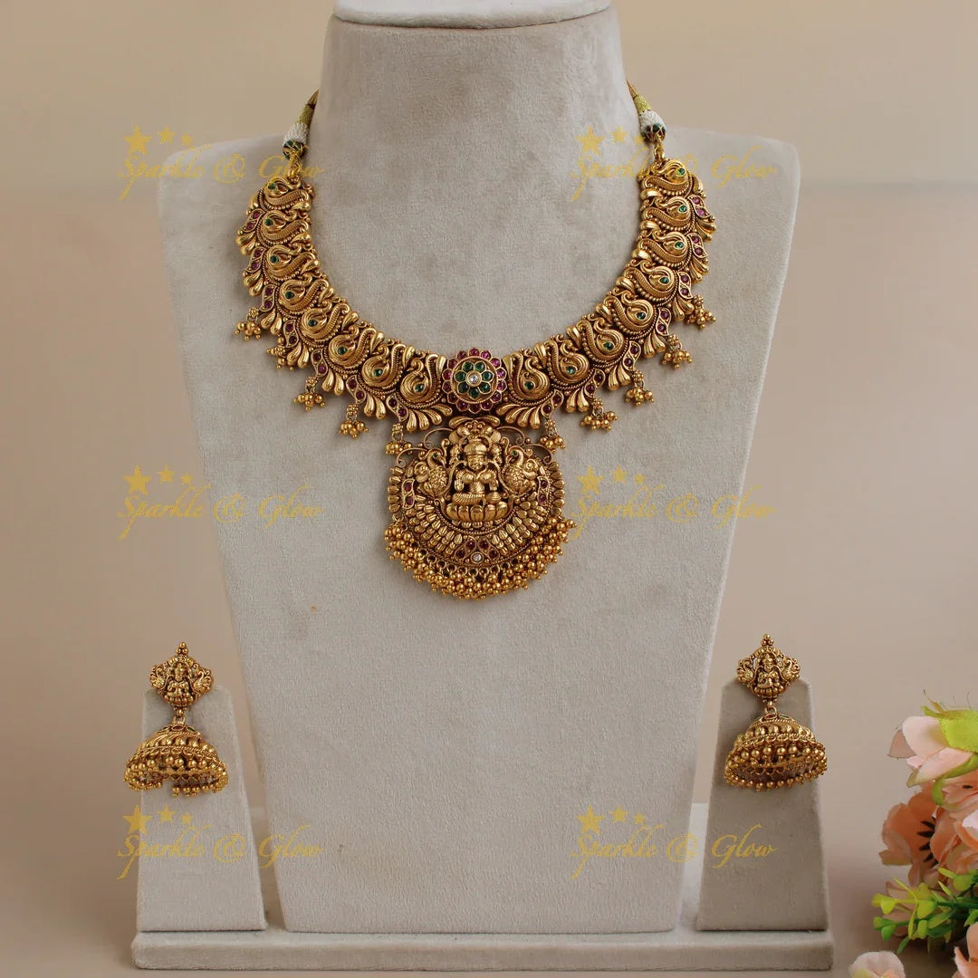 Exquisite Premium matt Lakshmi peacock carved short necklace with ruby emerald and gold beads - Sparkle and Glow