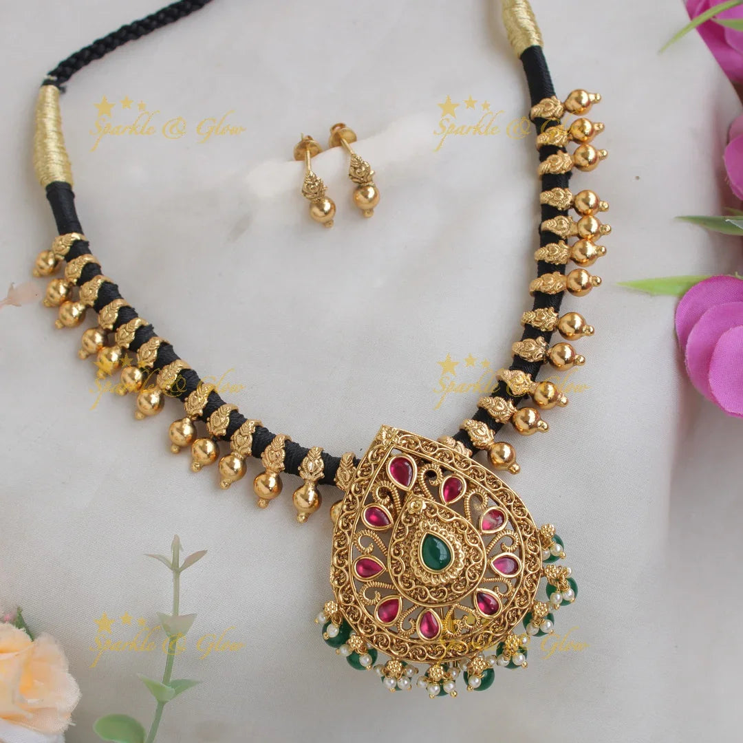 Stunning Flower design Multi purpose Thread choker with removable pendant with ruby and emerald stones - Sparkle and Glow